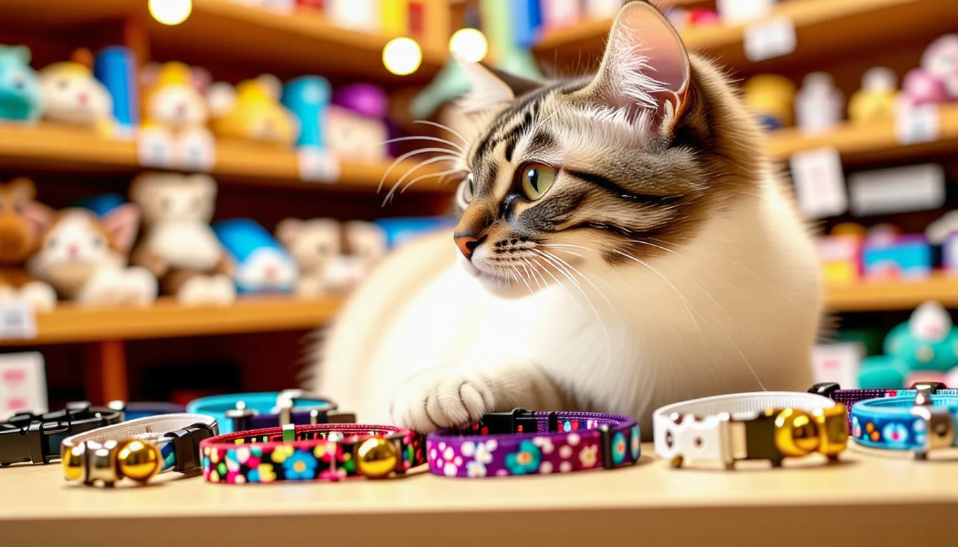 Plusieurs colliers pour chat en nylon avec médailles gravées posés côte à côte