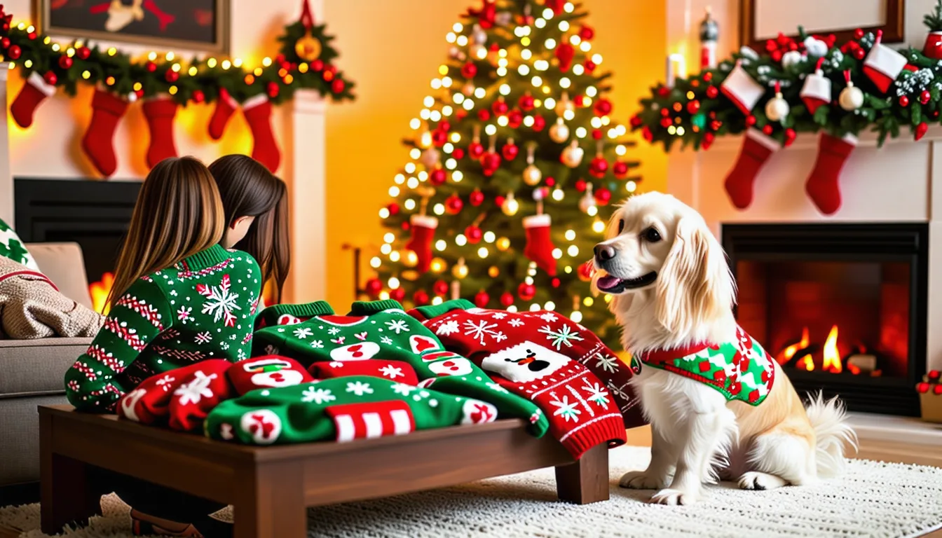Petit chien portant un pull tricoté à motifs d'hiver devant un sapin