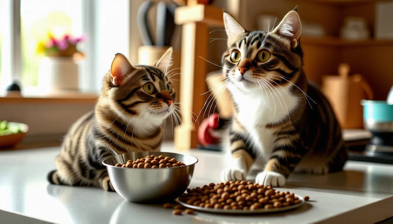 Chat tigré devant une gamelle de croquettes posée sur un carrelage