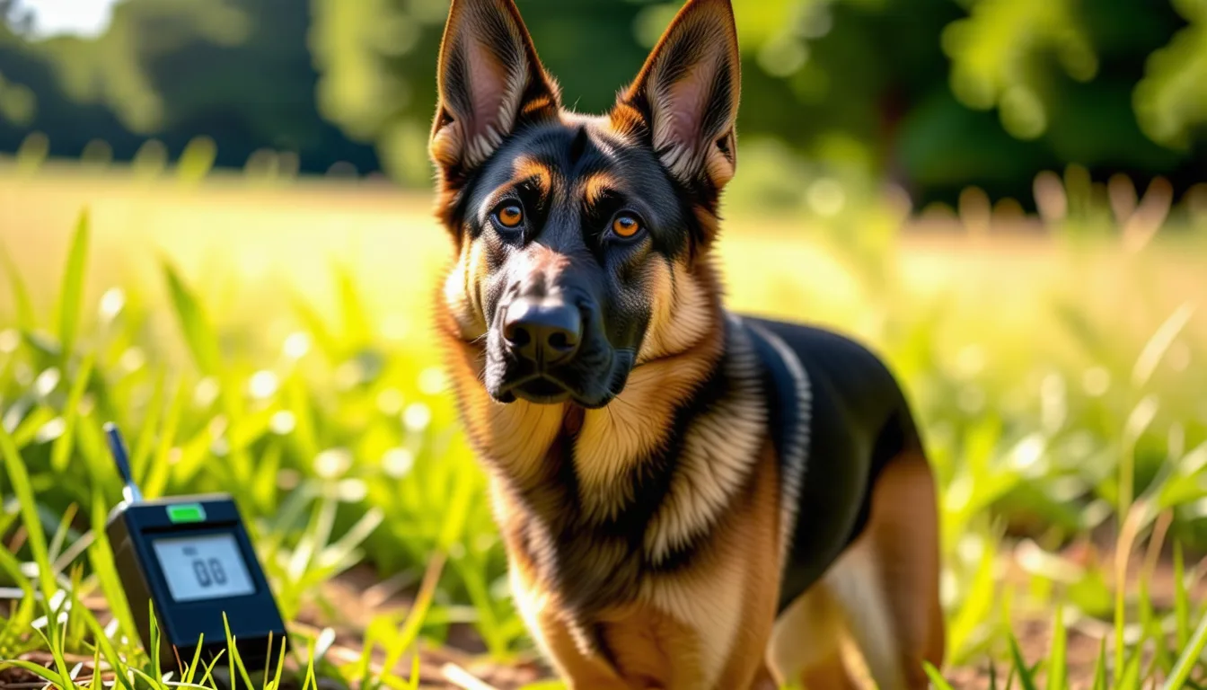 Berger allemand femelle debout de profil sur l'herbe, silhouette et ligne du ventre visibles