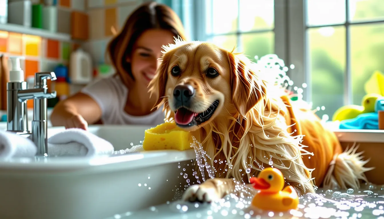 Chien au pelage clair savonné dans une baignoire pendant son bain