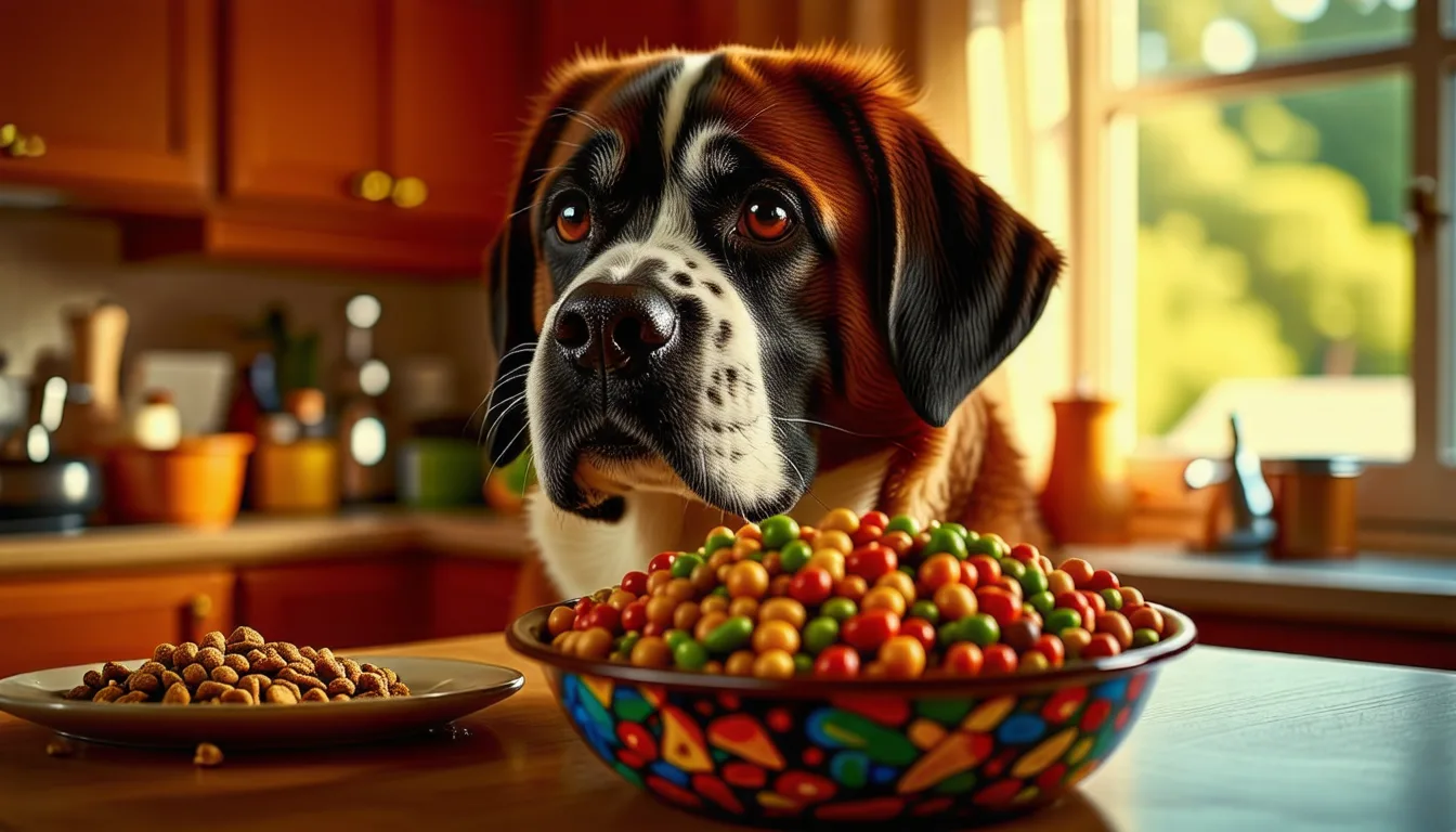 Saint-Bernard couché dans un salon à côté de sa gamelle posée au sol