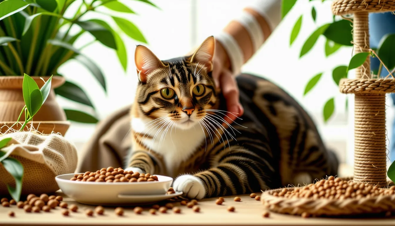 Chat roux allongé au sol, le ventre visible, dans une pièce claire