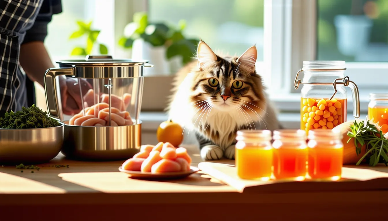 Chat tigré léchant une préparation liquide dans une petite coupelle