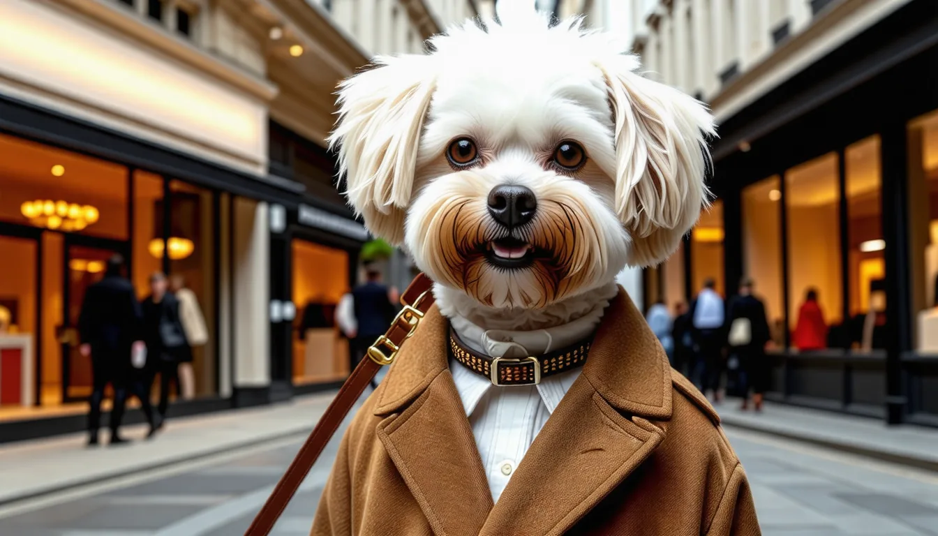 Petit chien portant un manteau ajusté, assis sur un parquet clair