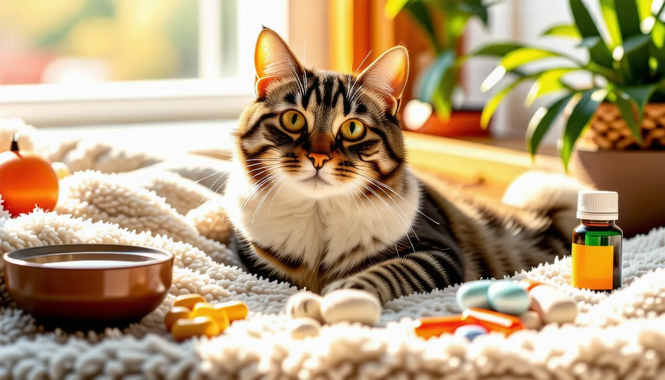 Chat âgé au pelage gris couché sur un coussin, regard fixe vers l'objectif