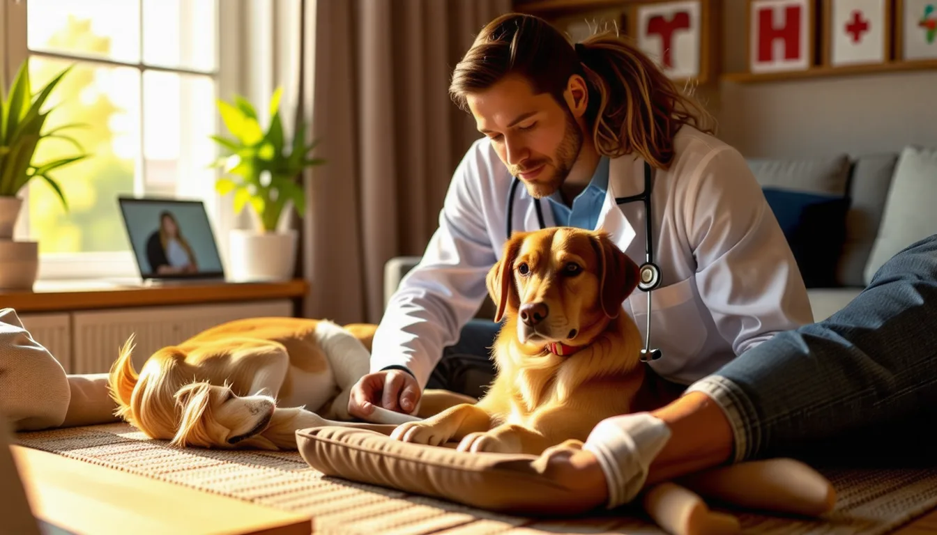 Chien examiné sur le tapis du salon lors d'une visite vétérinaire à domicile