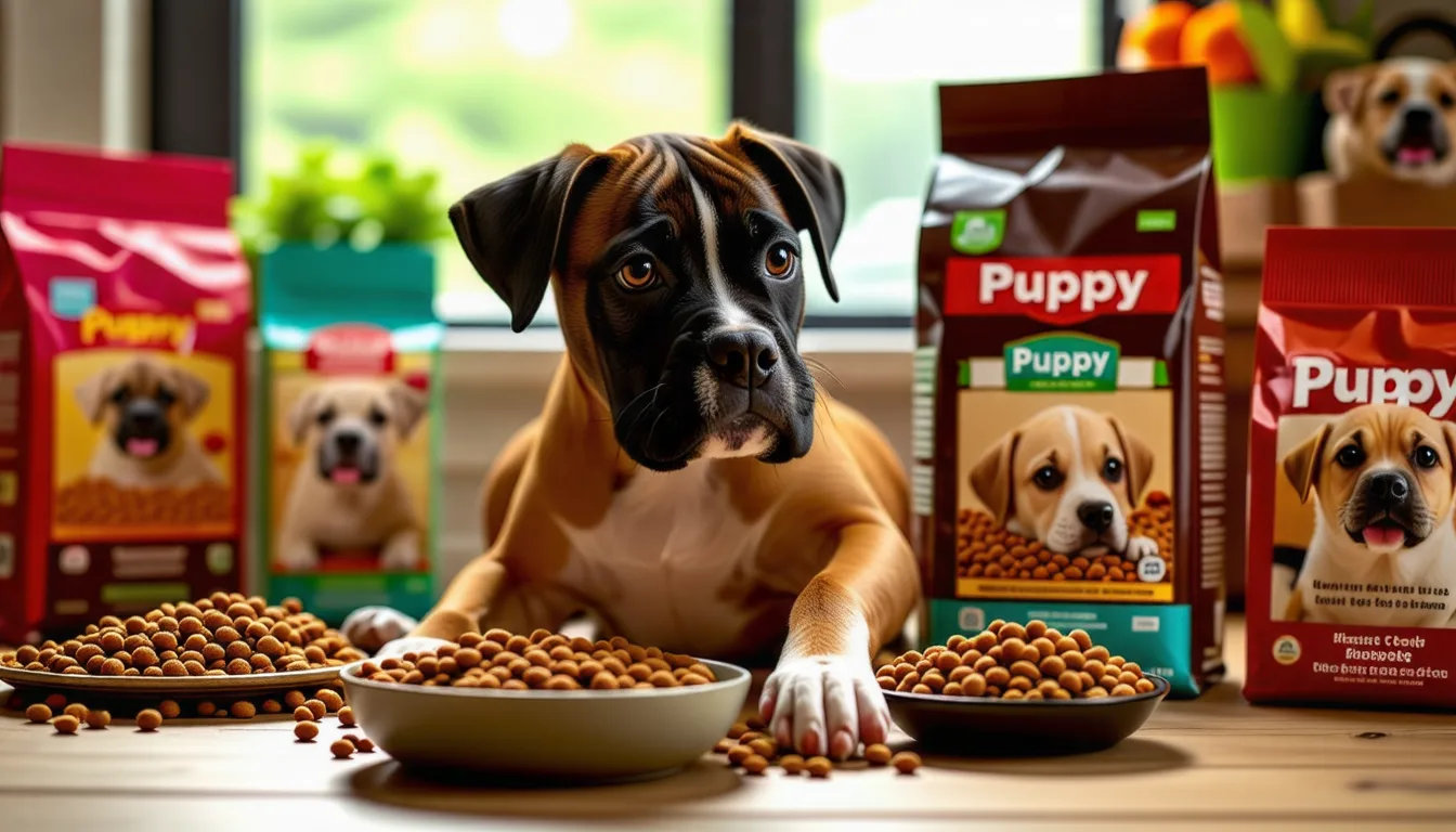 Chiot Boxer fauve à museau blanc penché au-dessus de sa gamelle de croquettes