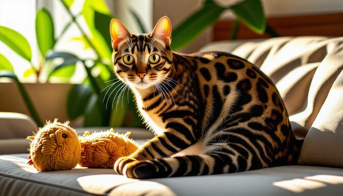 Chat bengal au pelage tacheté debout sur un meuble, corps allongé et musclé