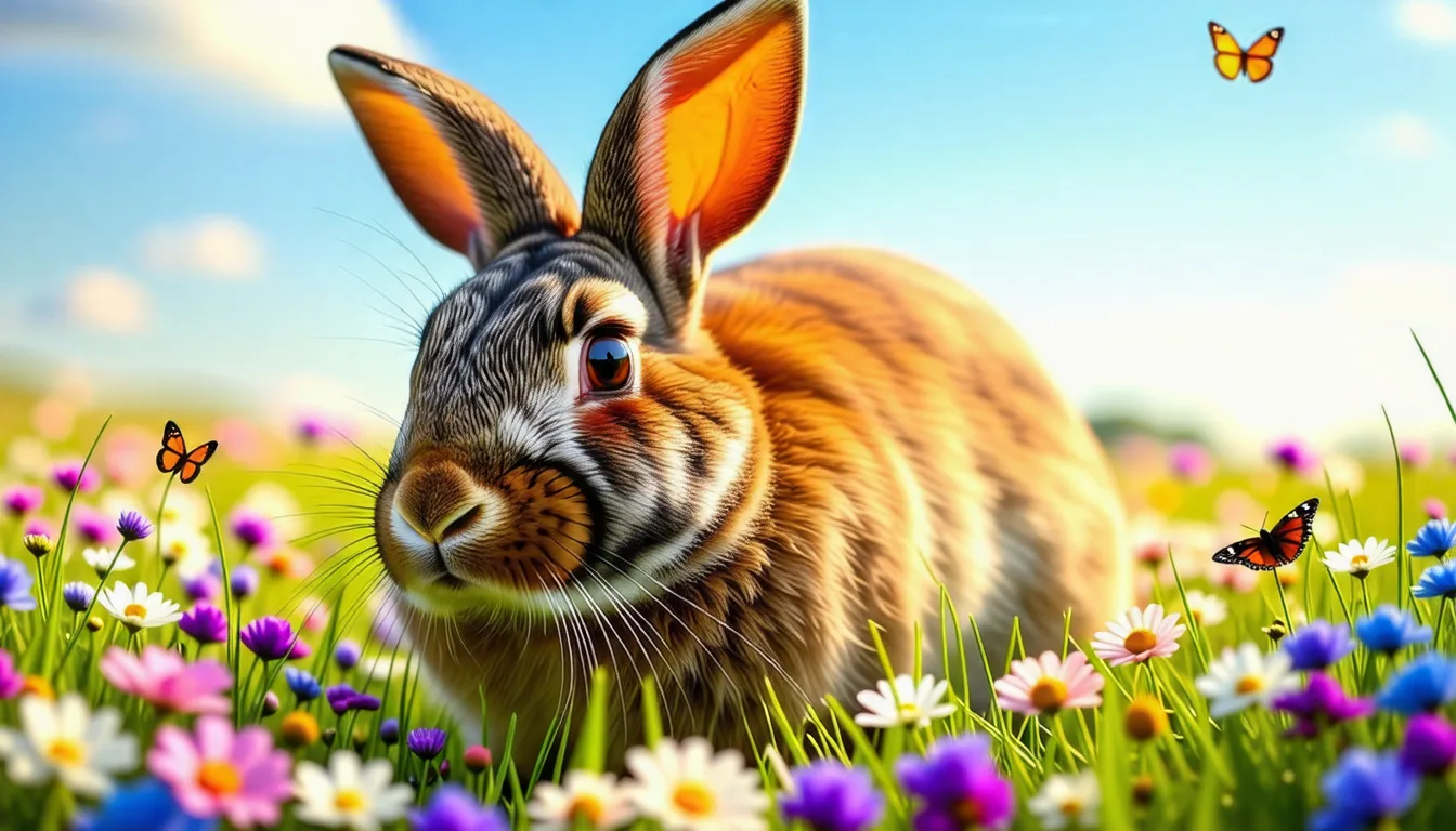 Lapin géant des Flandres gris couché, oreilles dressées, à côté de foin