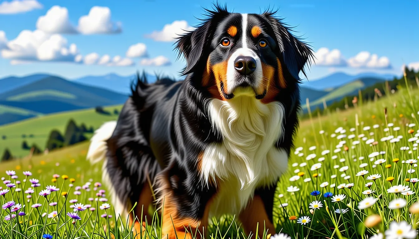 Bouvier bernois adulte à robe tricolore noir, blanc et feu, assis dans l'herbe