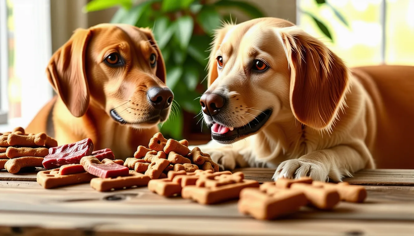 Des friandises brunes pour chien posées en tas sur une surface claire
