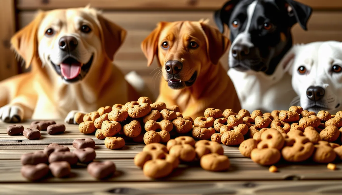 Bâtonnets et biscuits secs pour chien posés en tas sur un fond clair