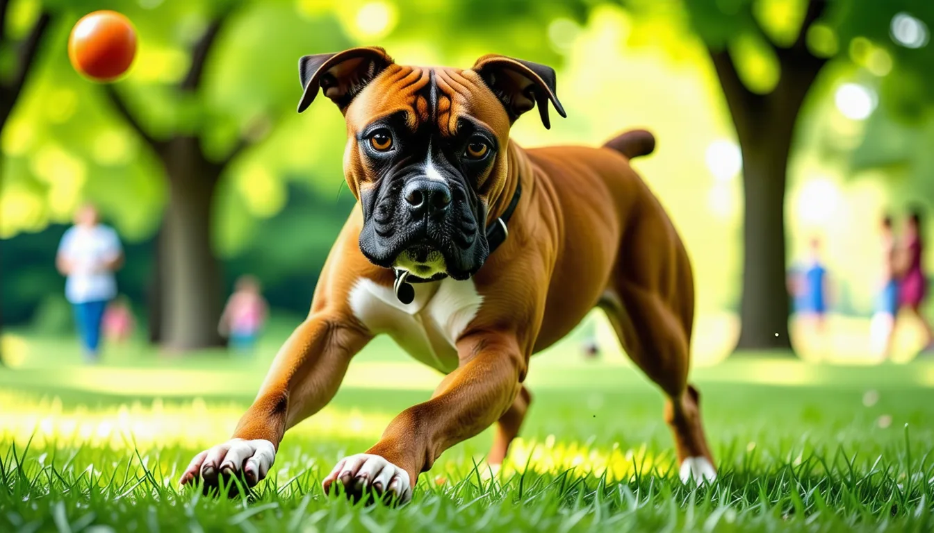 Boxer fauve musclé debout de profil sur une pelouse, museau court et poitrail large