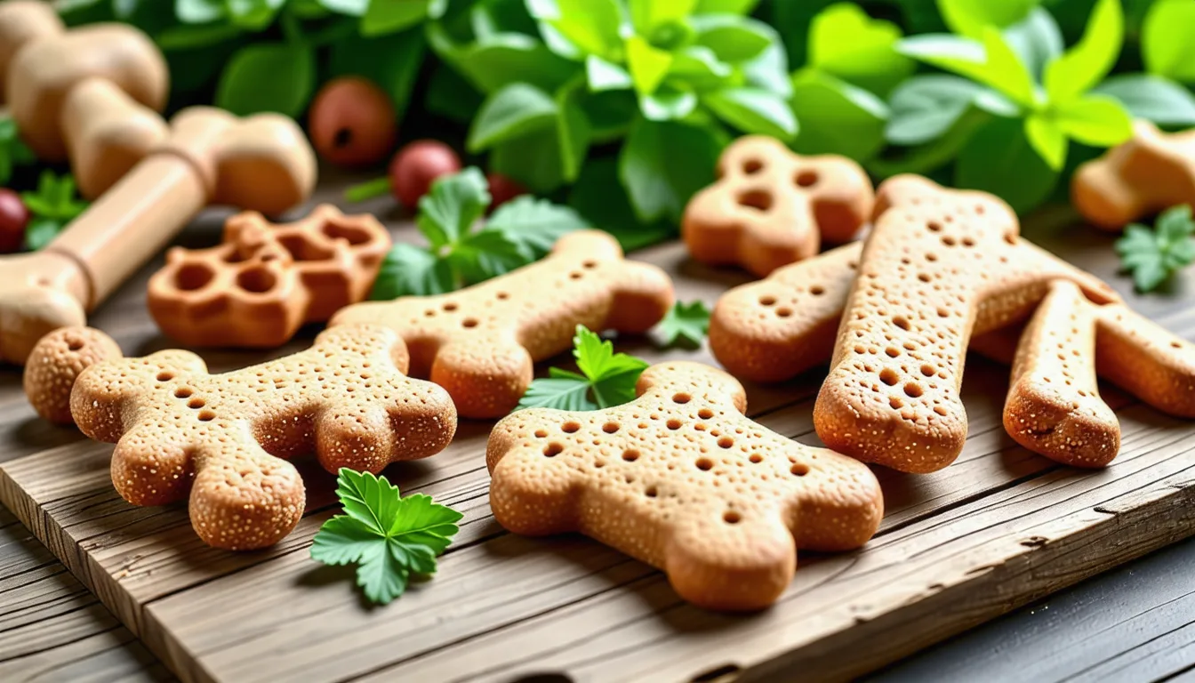 Biscuits pour chien posés sur une table en bois à côté d'un labrador