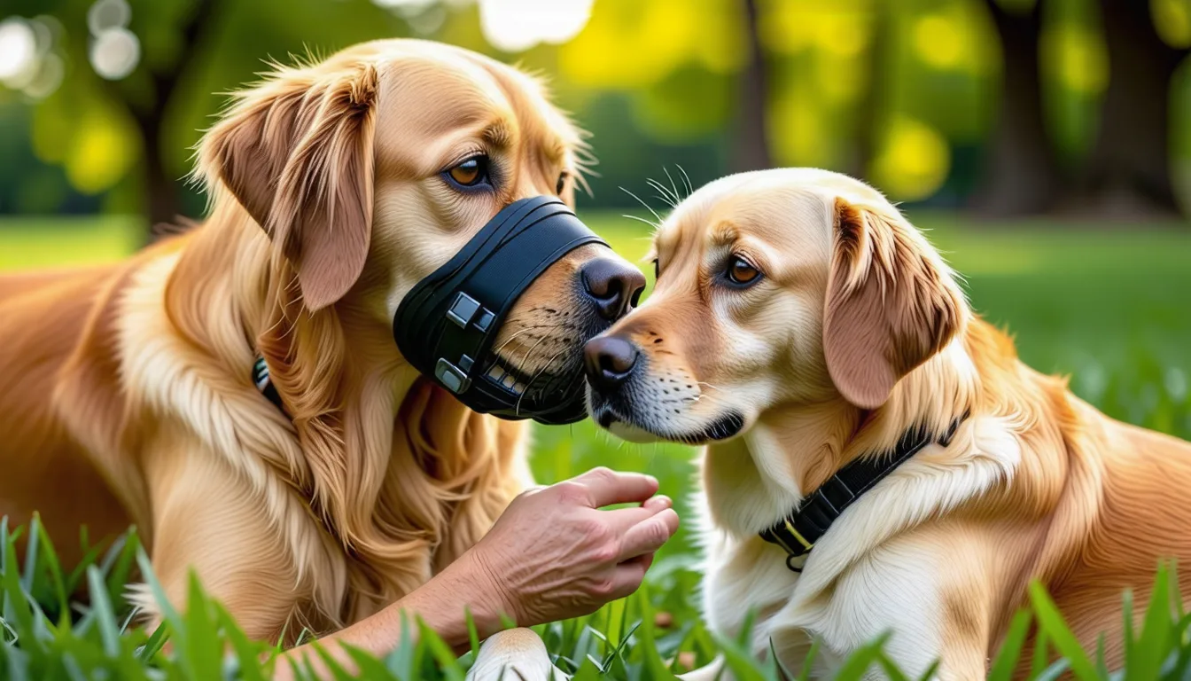 Chien de taille moyenne portant une muselière panier, assis au bord d'un chemin