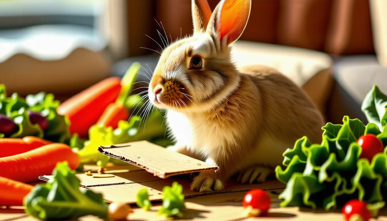 Lapin domestique en train de ronger un morceau de carton brun posé au sol