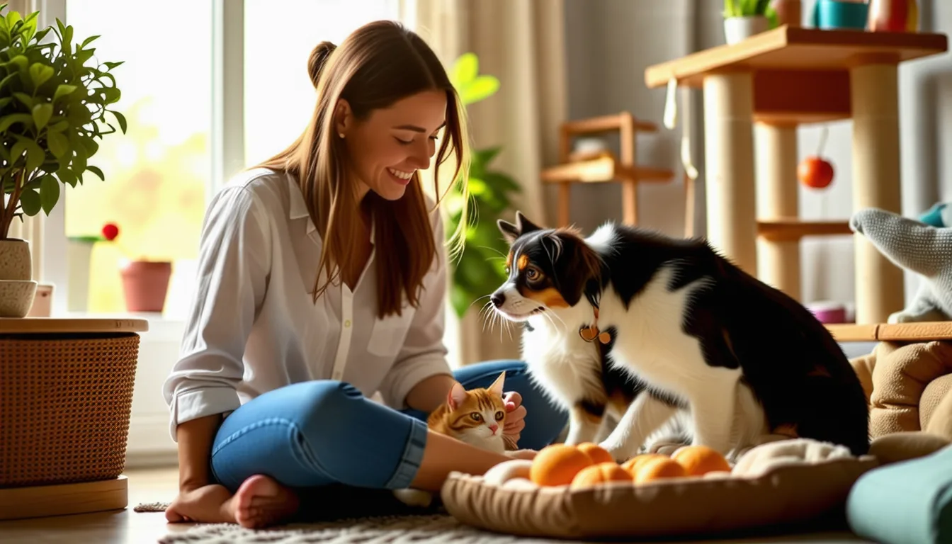 Une personne caresse un chien couché sur un tapis dans un salon