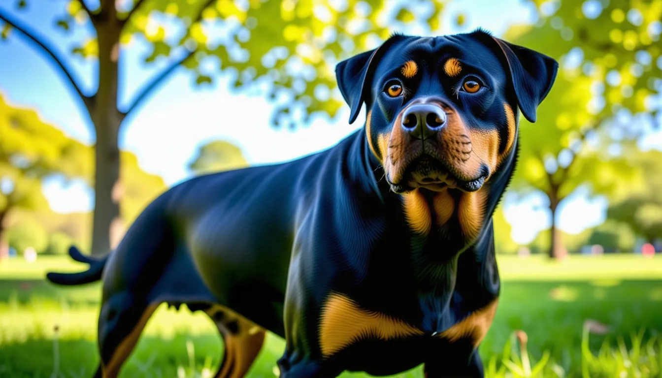 Rottweiler adulte noir et feu debout de profil, musculature de l'avant-main visible