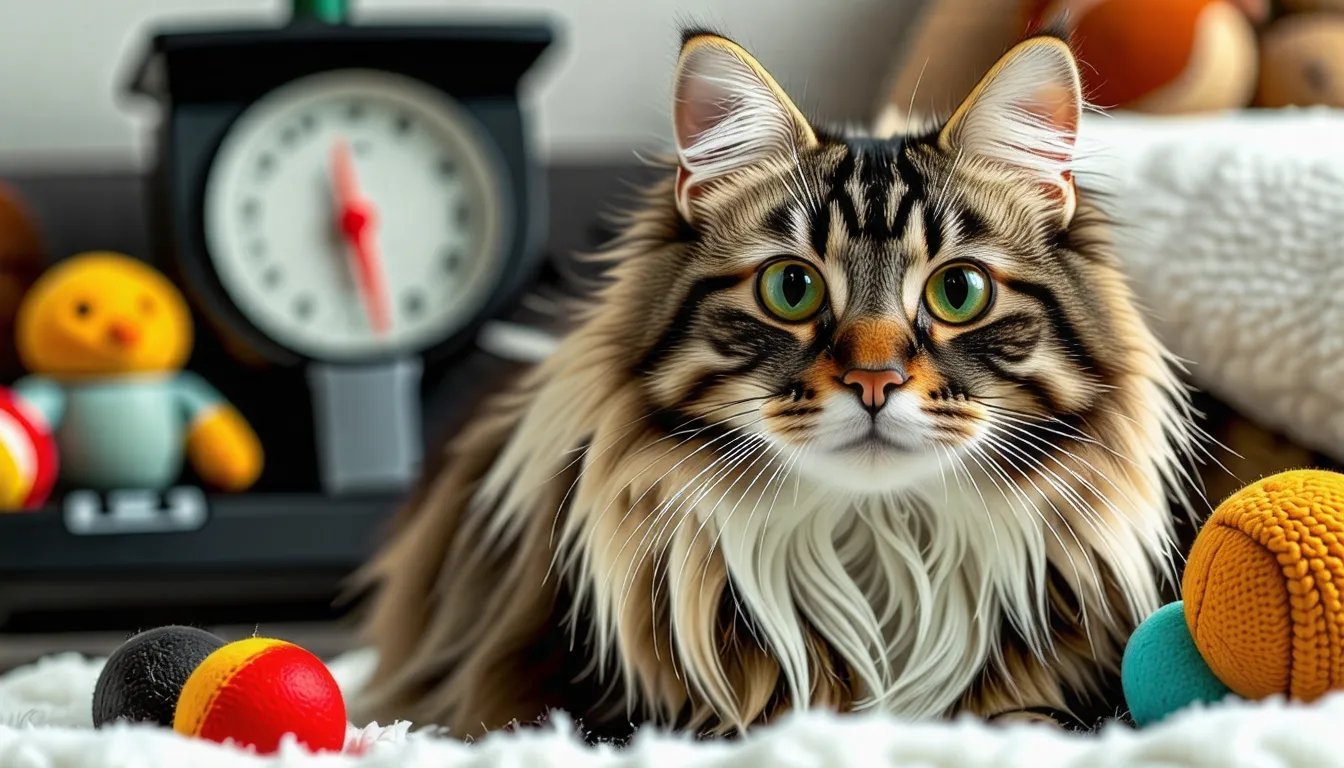 Chat norvégien au pelage long et à la collerette fournie, assis et regardant vers l'objectif