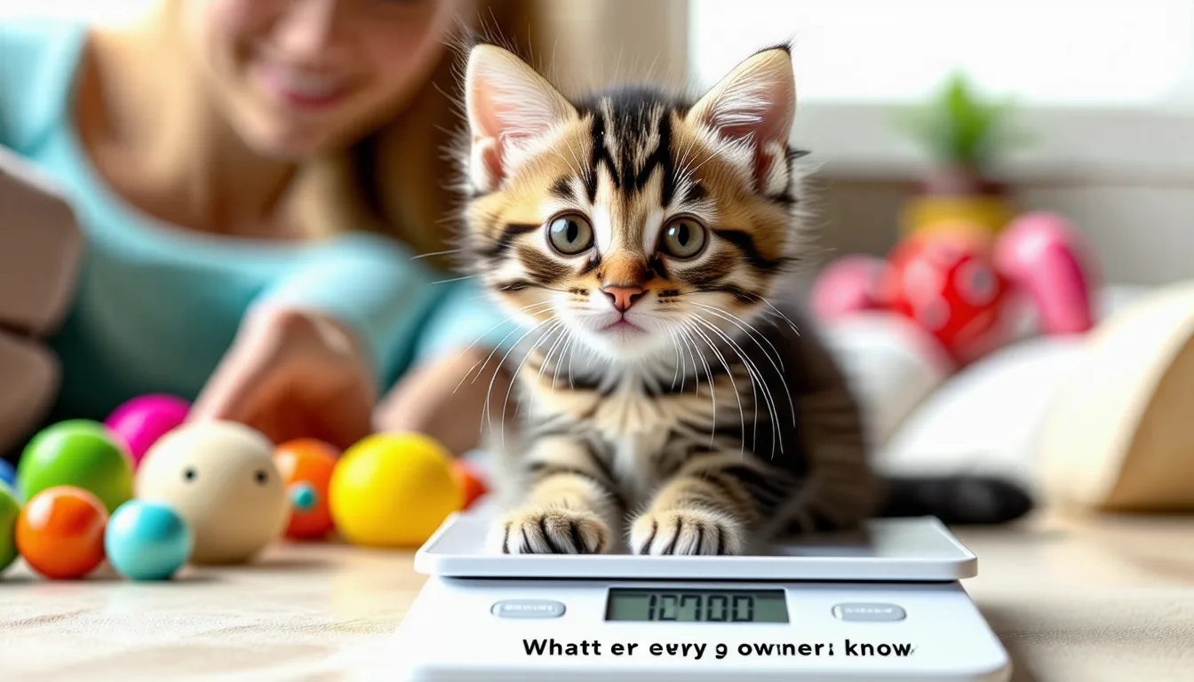 Chaton posé sur une balance de cuisine pendant une pesée de contrôle