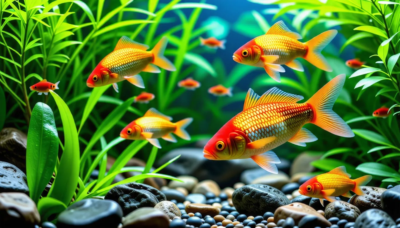 Poisson rouge orange nageant devant des plantes aquatiques dans un aquarium éclairé