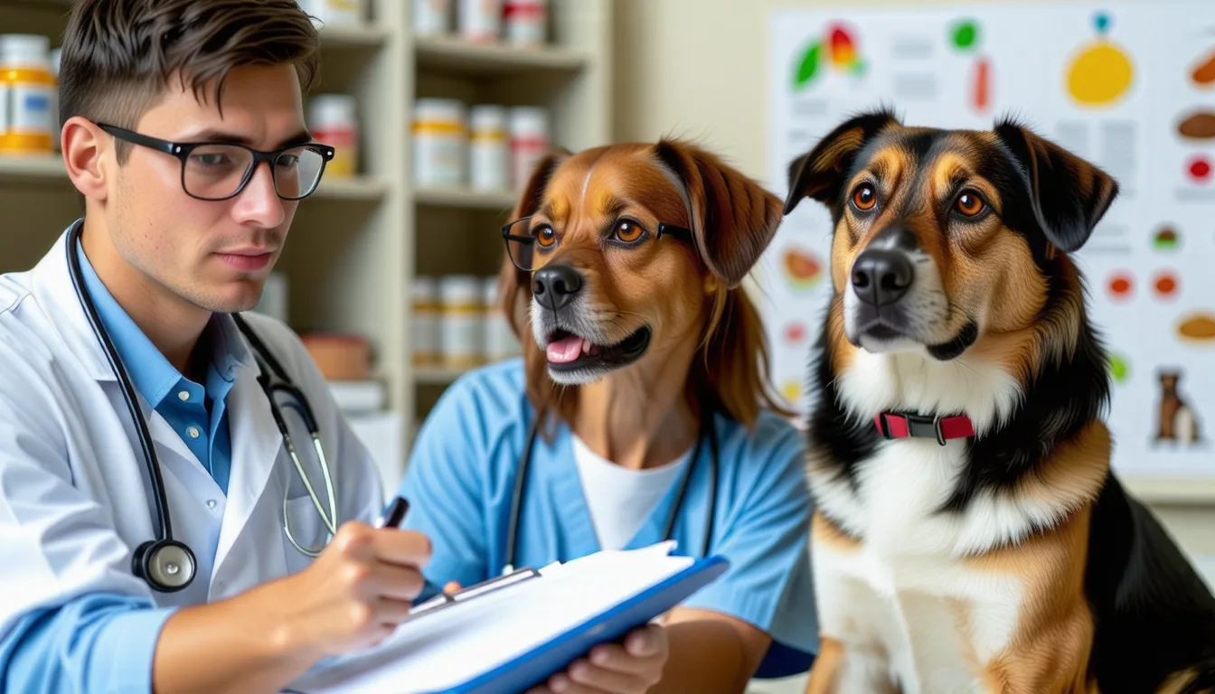 Un chien posé sur une balance vétérinaire pendant que sa gamelle est pesée