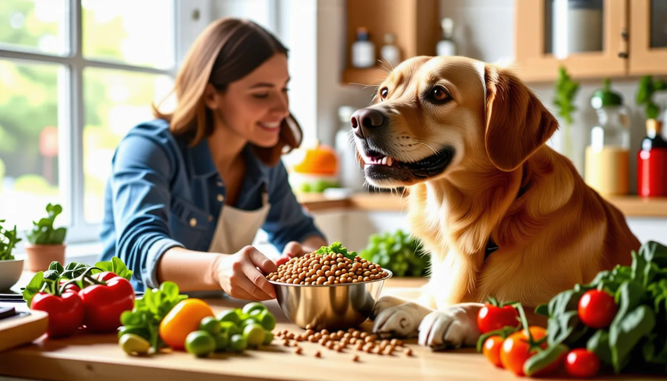 Gamelle de viande et légumes cuisinés pour chien, avec une cuillère doseuse de poudre minérale