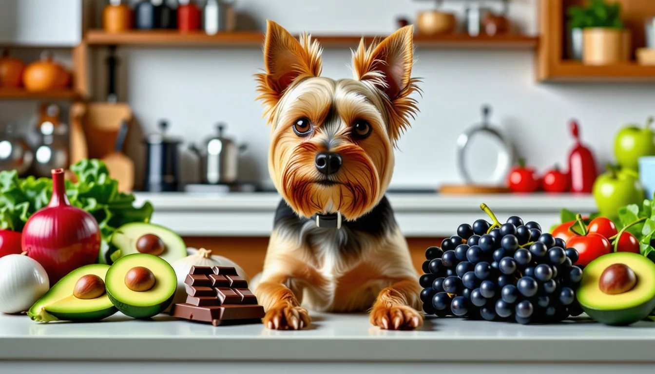 Yorkshire terrier assis près d'une table de cuisine, regardant de la nourriture humaine