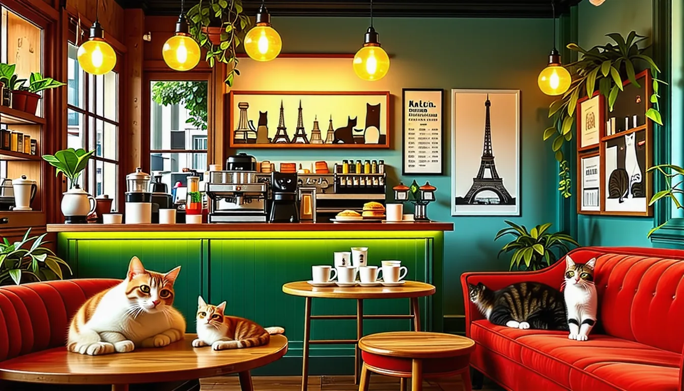 Chat roux endormi sur une banquette de café à côté d'une tasse