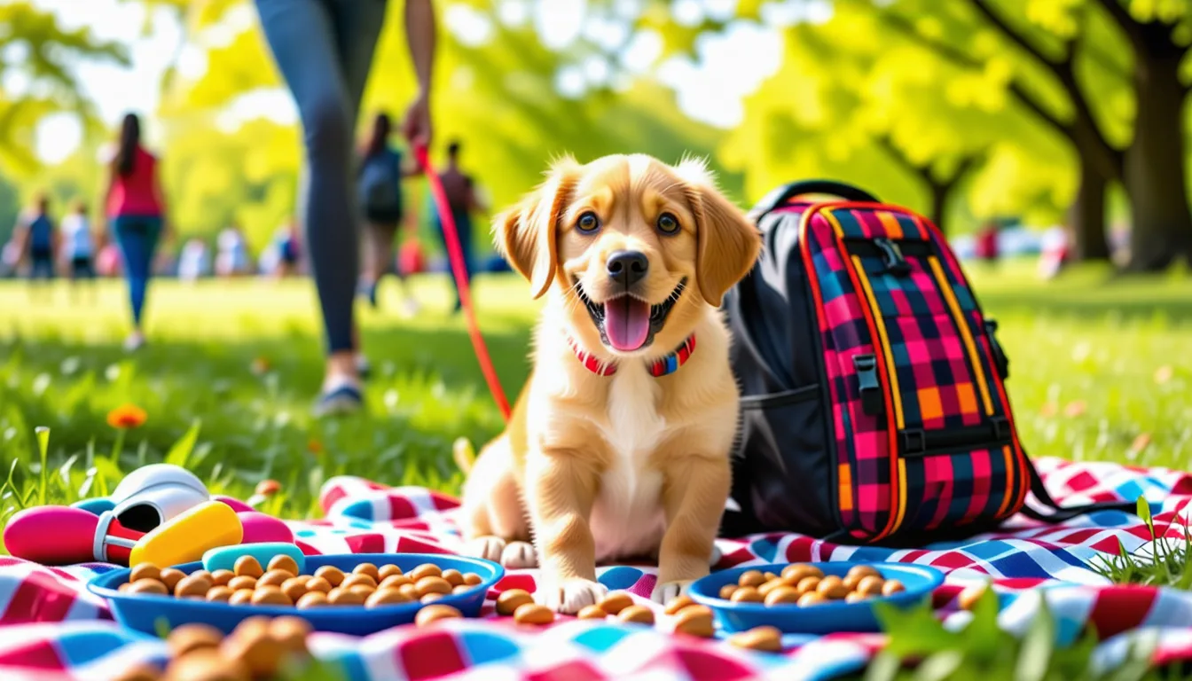 Chiot en harnais tenu en laisse sur un chemin de terre bordé d'herbe