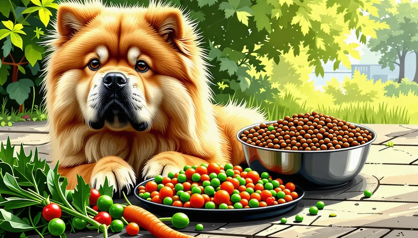 Chow-Chow roux à fourrure épaisse assis près de sa gamelle