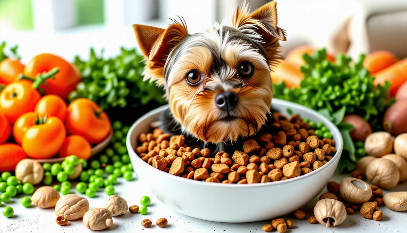 Yorkshire Terrier au pelage soyeux devant une gamelle de croquettes de petit calibre