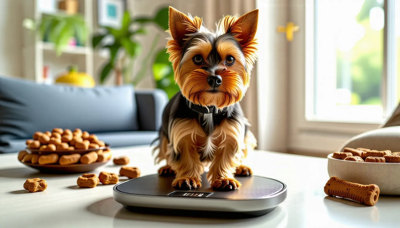 Yorkshire terrier debout de profil sur un parquet, silhouette bien visible