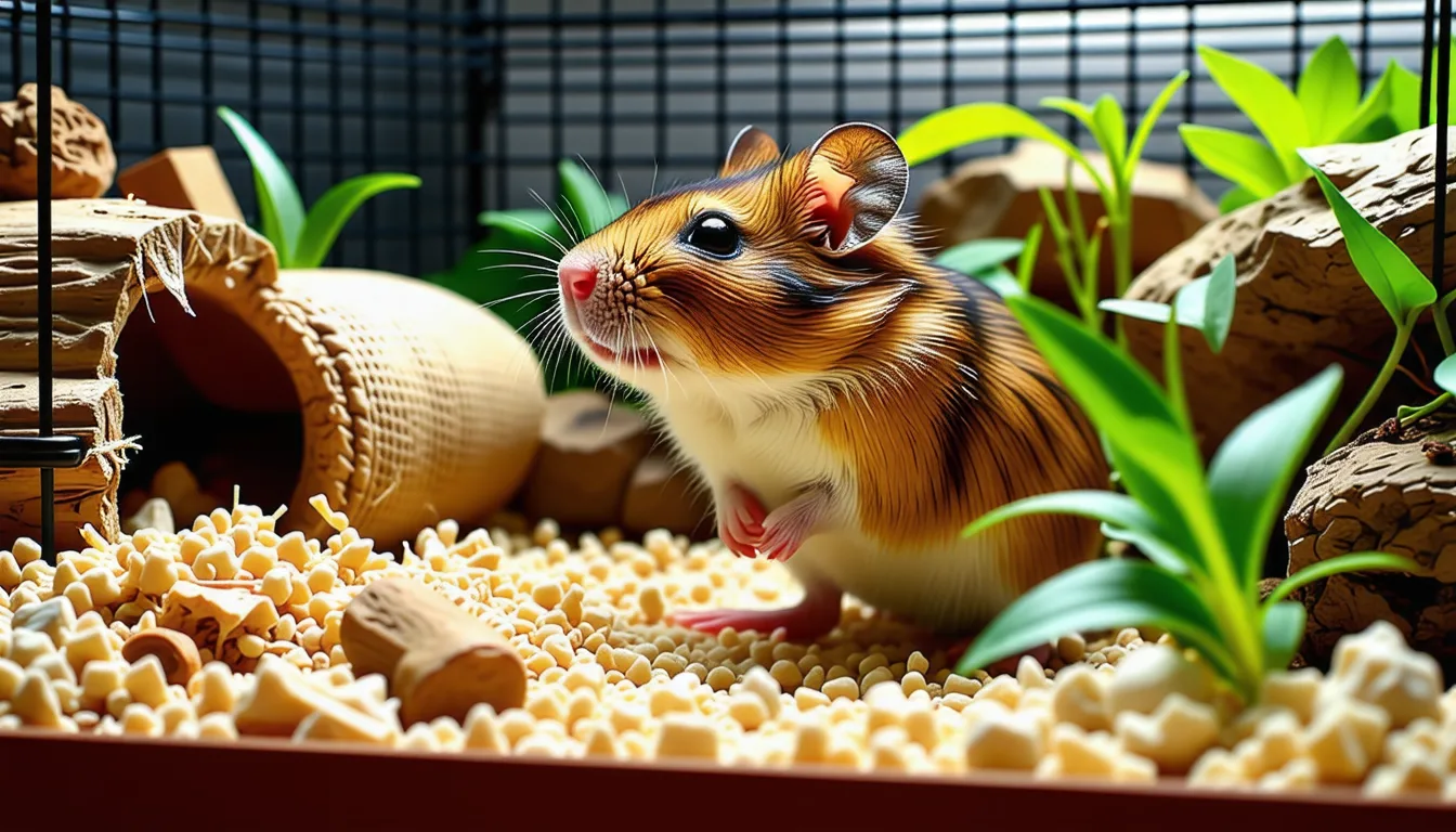 Hamster doré assis dans sa litière au milieu d'accessoires en bois