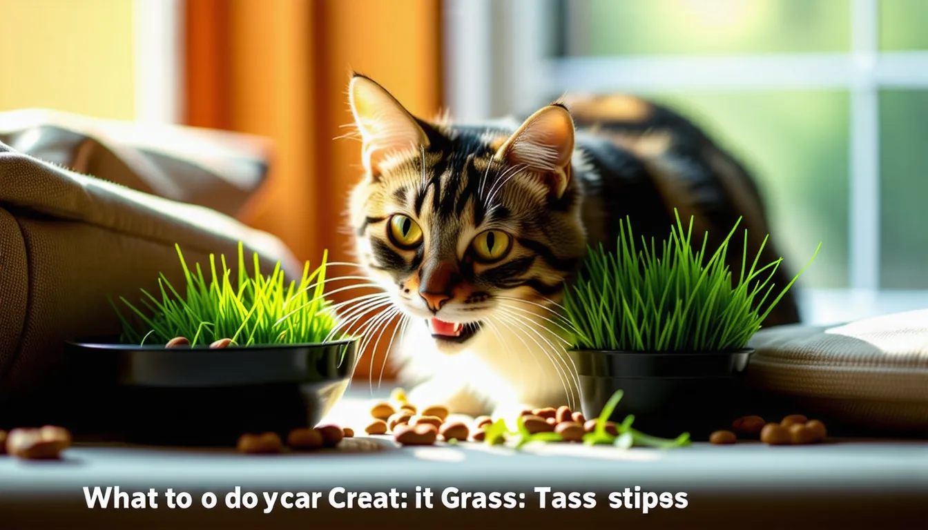 Chat tigré en train de mâchonner des brins d'herbe verte dans un jardin