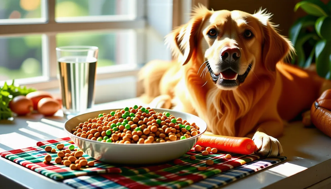 Chien assis devant sa gamelle remplie de croquettes, cuisine en arrière-plan