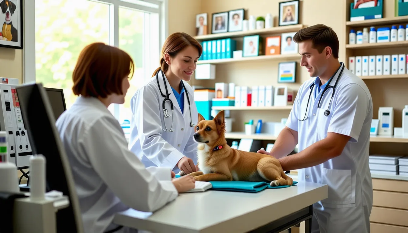 Un vétérinaire en blouse examine un chien sur une table de consultation