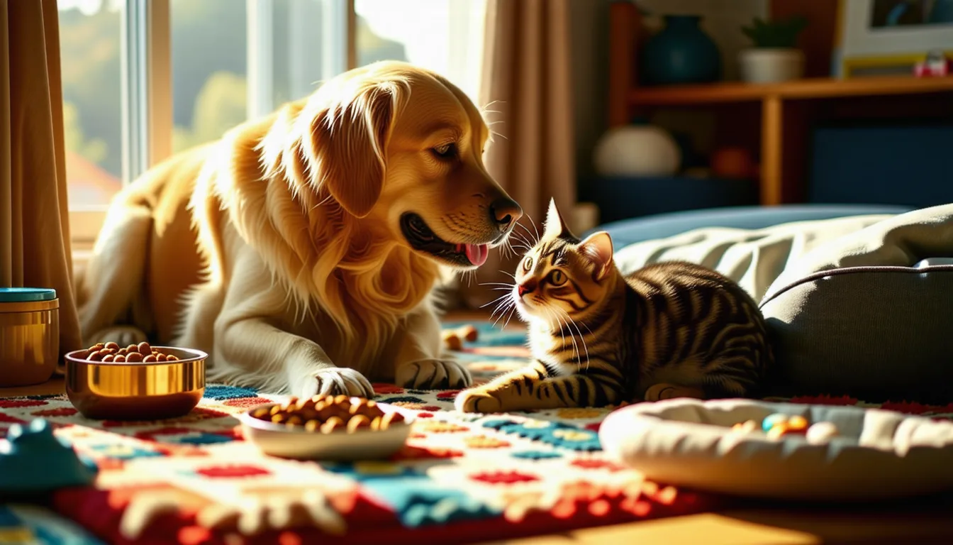 Chien et chat couchés côte à côte sur un tapis dans un salon