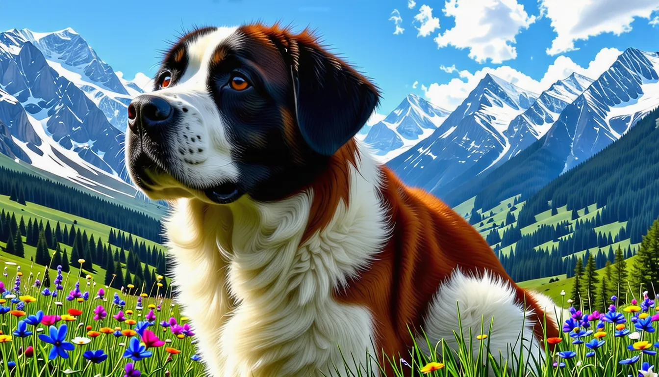Saint-Bernard adulte au pelage roux et blanc, debout de profil sur l'herbe