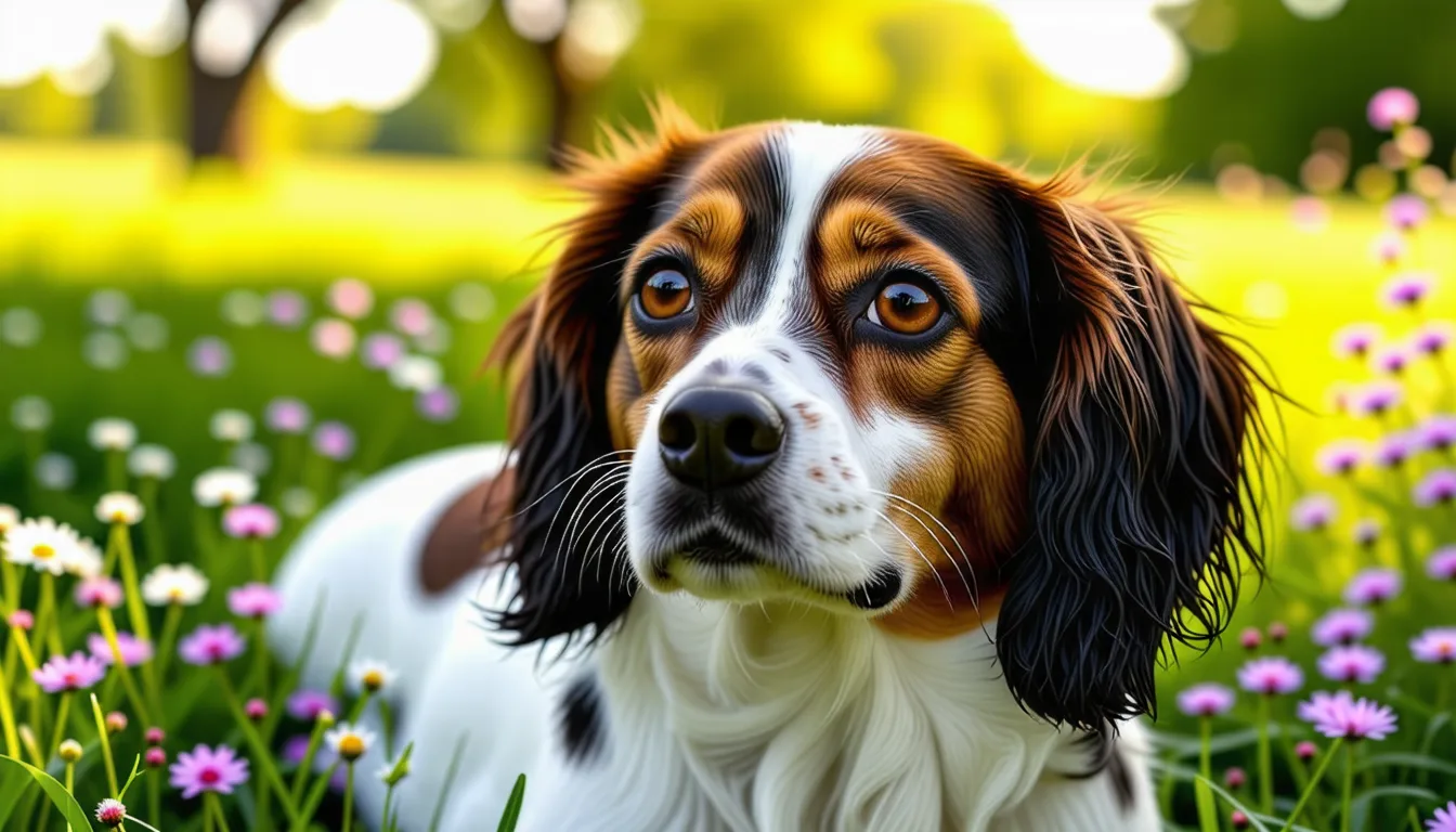 Epagneul breton blanc et orange debout dans l'herbe, oreilles tombantes et regard attentif