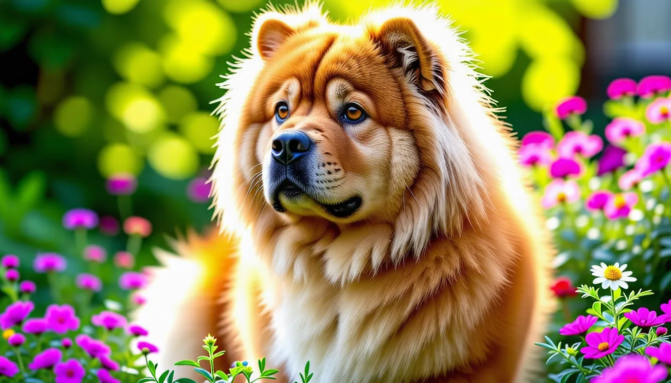 Chow-Chow roux à fourrure épaisse assis de profil sur un sol clair