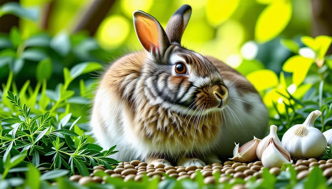 Lapin nain assis dans sa litière de foin, museau relevé vers des brins de thym frais