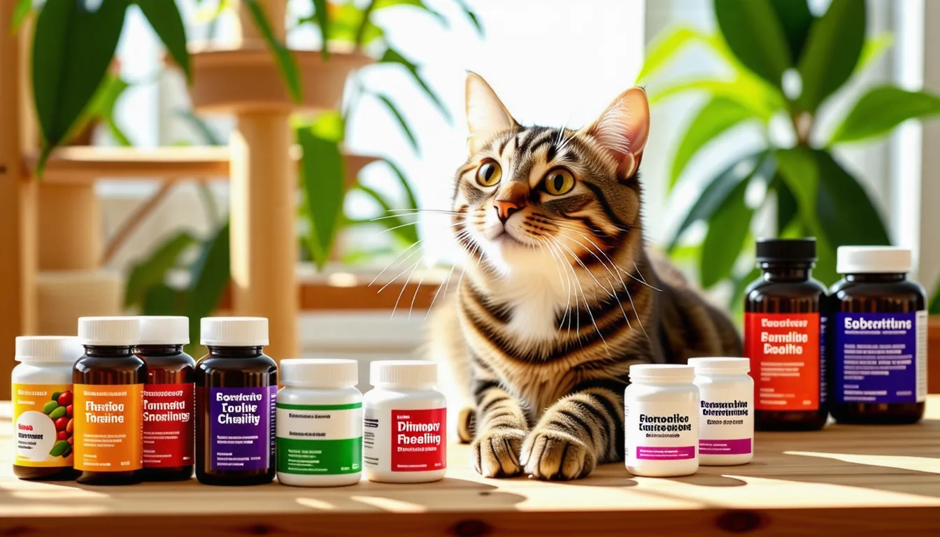 Chat roux devant une gamelle et des gélules de complément alimentaire