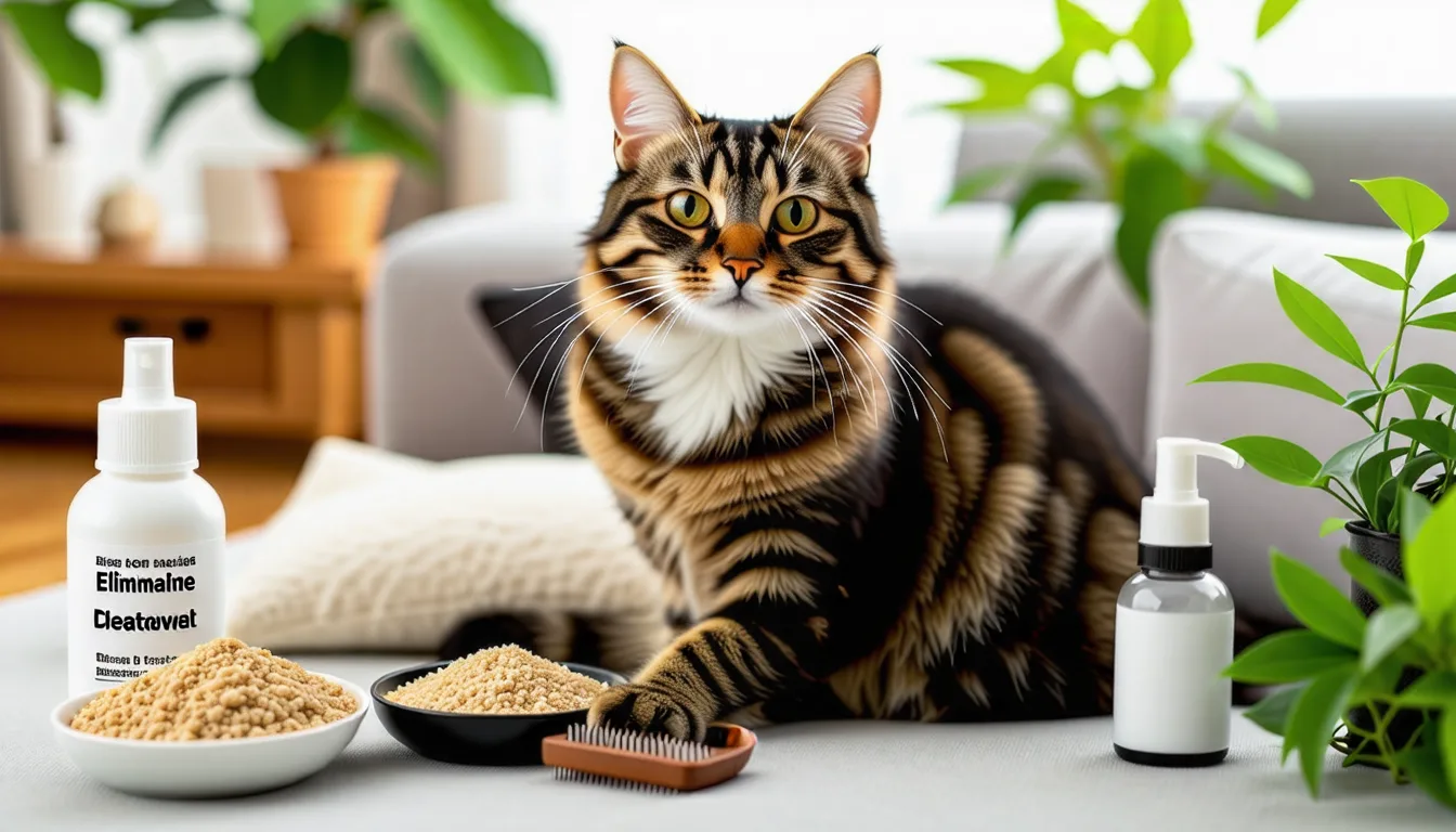 Chat se grattant le cou, allongé sur un tapis clair du salon