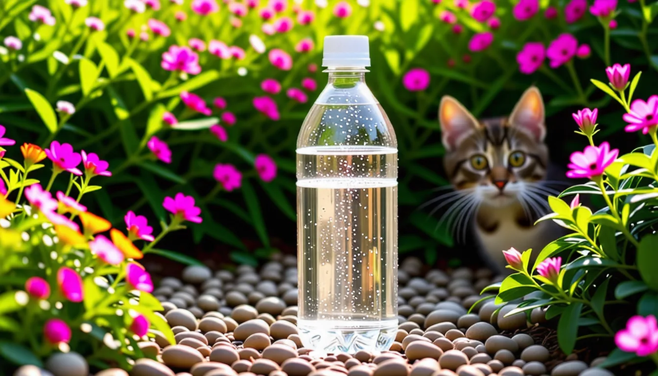 Bouteille en plastique remplie d'eau posée dans un massif de jardin, un chat passant à proximité