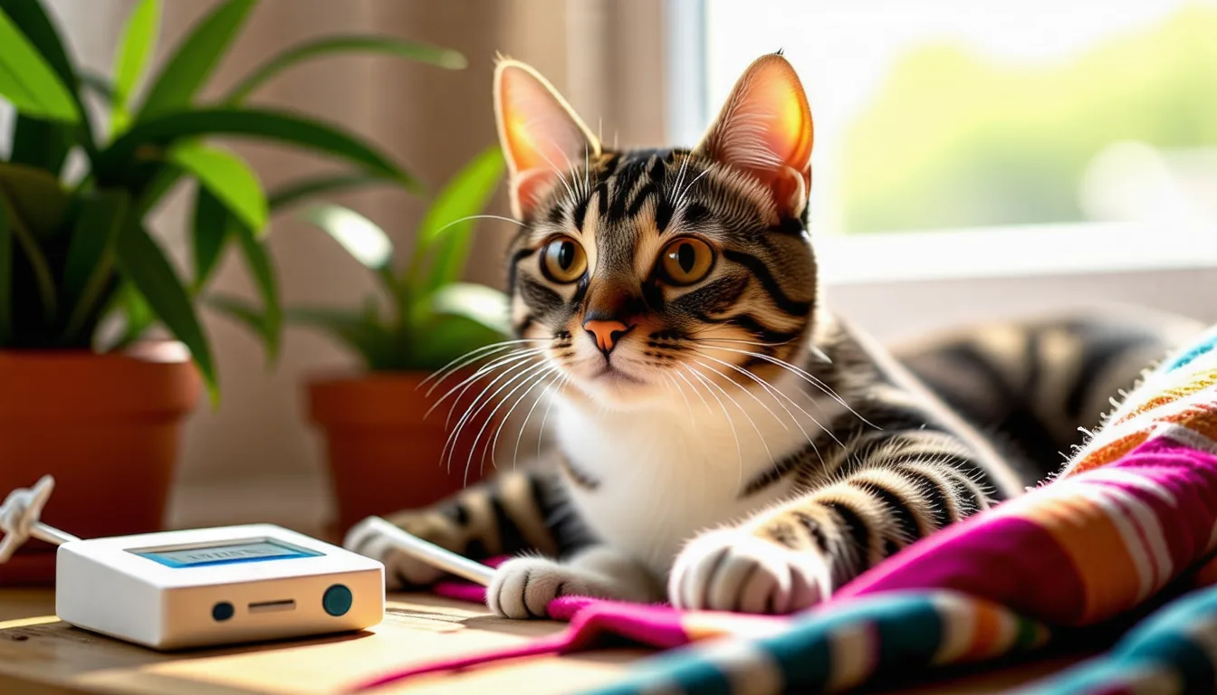 Chat roux allongé sur une table d'examen vétérinaire après une opération