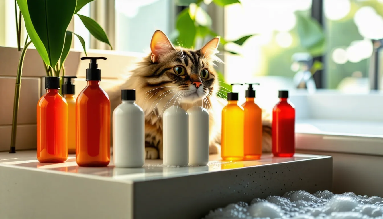 Chat mouillé dans une bassine pendant que des mains appliquent du shampooing