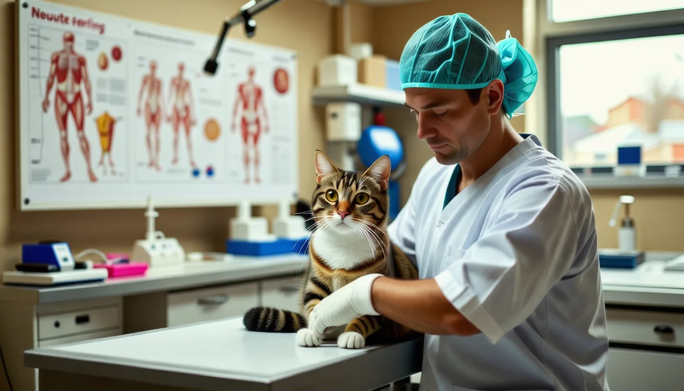 Jeune chat roux assis sur une table d'examen vétérinaire