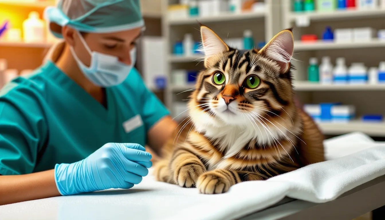 Chatte tricolore au repos après une opération, allongée sur une couverture